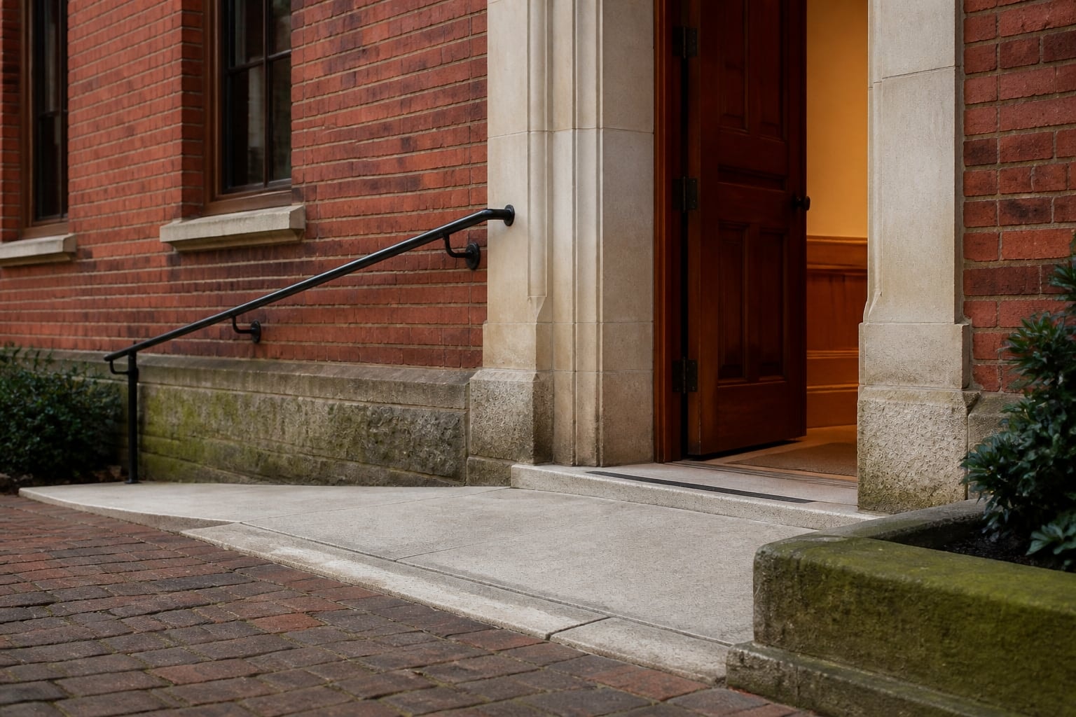 Heritage doorway with an integrated shallow ramp and contrasting handrail