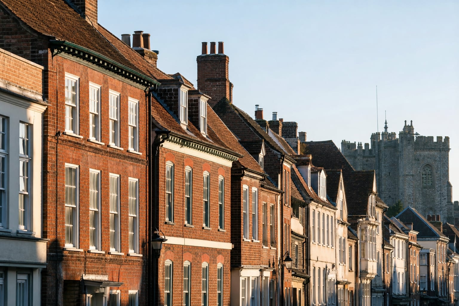 Varied red-brick upper facades and rooflines along a historic High Street