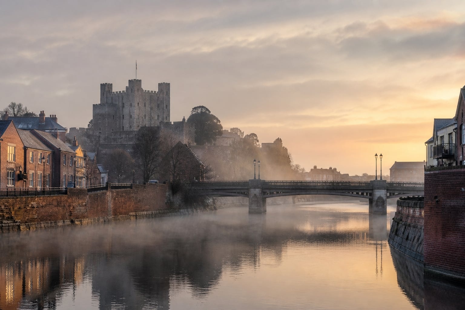 River Medway in morning mist with a distant stone keep and bridge