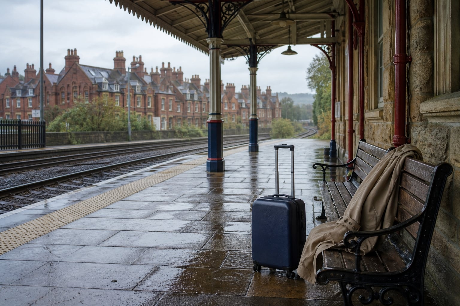 Overnight suitcase on a quiet railway platform after rain