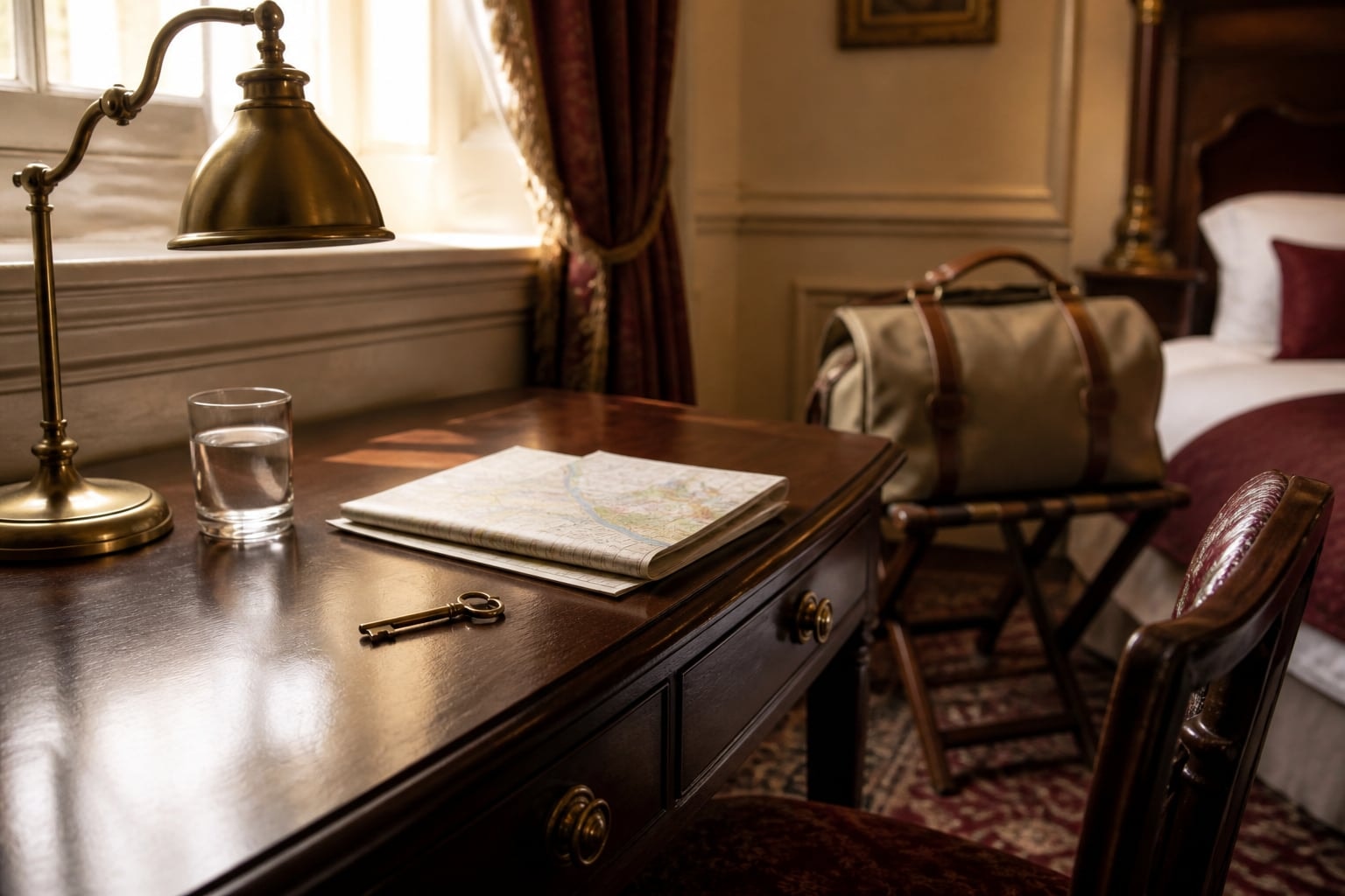 A guest-room desk with an unbranded key, map and overnight bag
