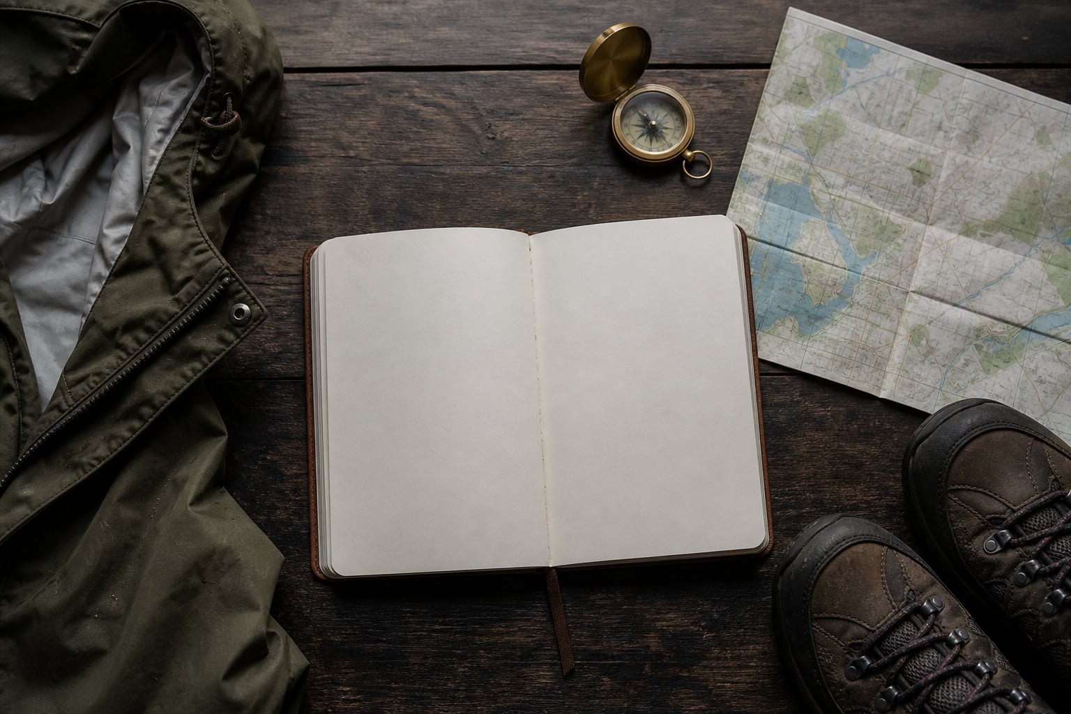 Travel notebook, map and walking shoes arranged for a weekend plan